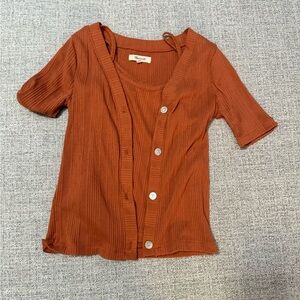 Madewell Rust Ribbed Short-Sleeve Button Cardigan Set